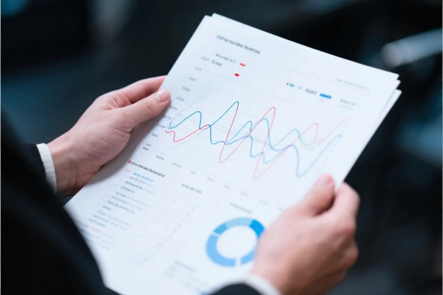一只手持数据分析报表，报表上显示有多条曲线，象征冷热号与遗漏值的变化，氛围理性和现代