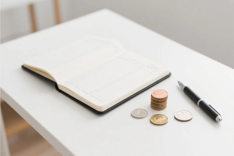 一本打开的记账本，旁边放着几枚硬币和一支笔，桌面简洁明亮